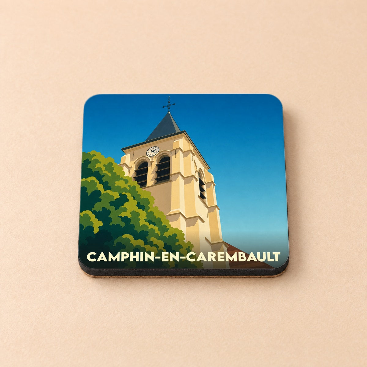 Dessous de verre souvenir de la ville de Camphin-en-Carembault avec une illustration stylisée de son église.