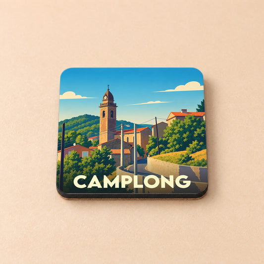 Dessous de verre souvenir de la ville de Camplong avec une illustration stylisée.