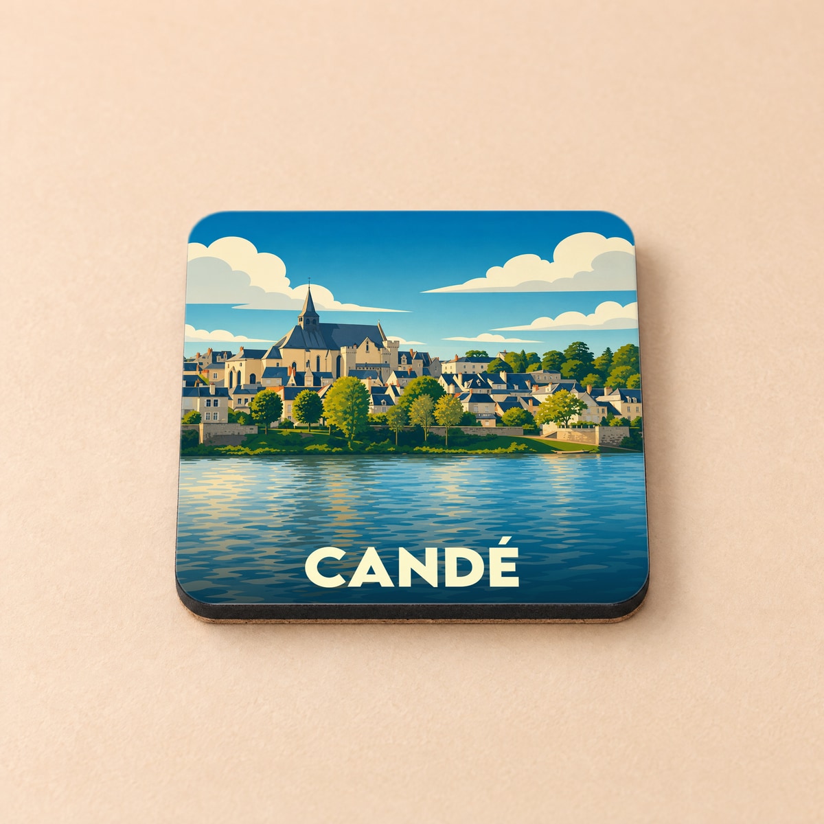Dessous de verre souvenir de la ville de Candé avec une illustration stylisée des bords de l'Erdre.