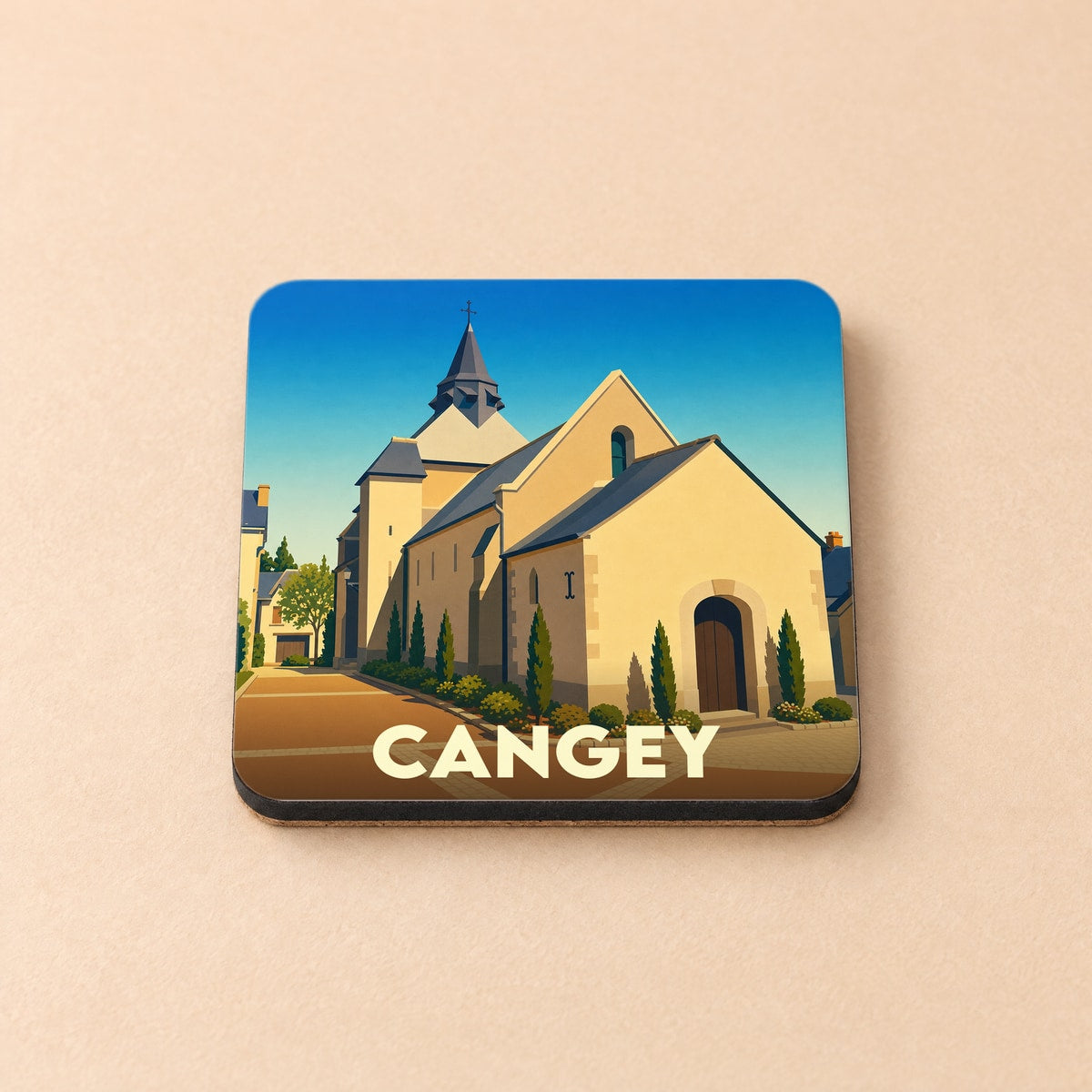 Dessous de verre souvenir de la ville de Cangey avec une illustration stylisée de son église.