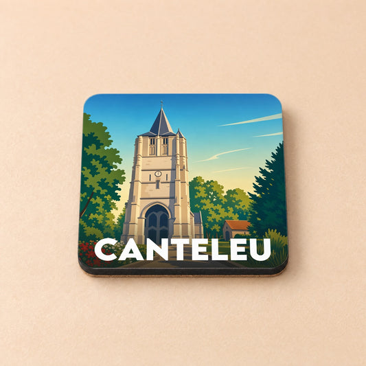 Dessous de verre souvenir de la ville de Canteleu avec une illustration stylisée de son église.
