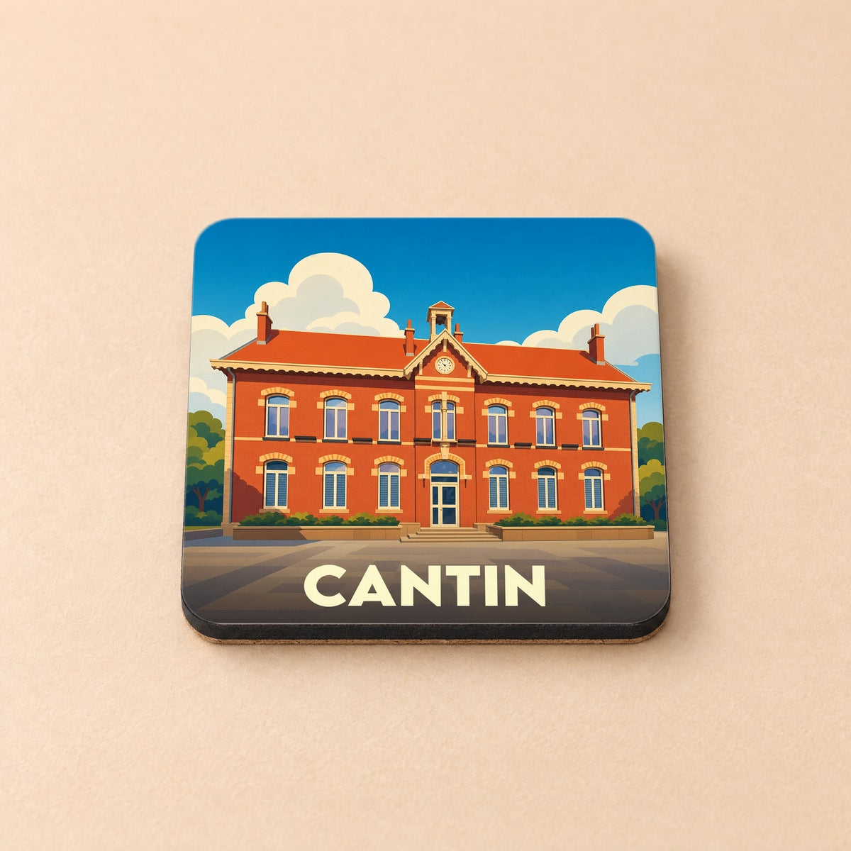 Dessous de verre souvenir de la ville de Cantin avec une illustration stylisée de sa mairie.