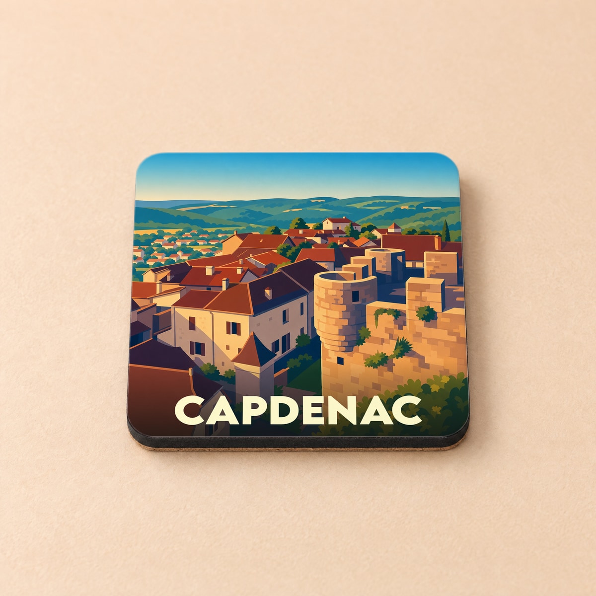 Dessous de verre souvenir de la ville de Capdenac avec une illustration stylisée d'un village médiéval.
