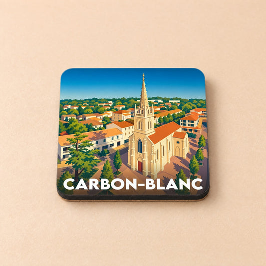 Dessous de verre souvenir de la ville de Carbon-Blanc avec une illustration stylisée de son église et de ses toits.