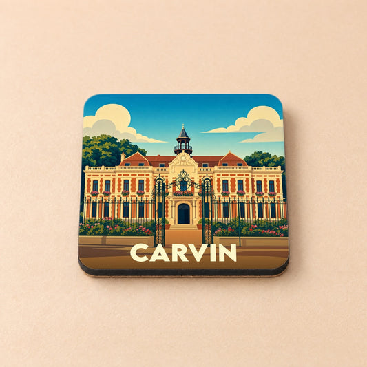 Dessous de verre souvenir de la ville de Carvin avec une illustration stylisée de son hôtel de ville.