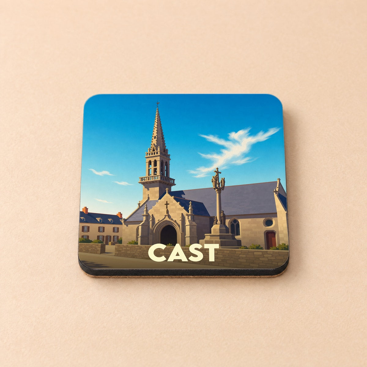 Dessous de verre souvenir de la ville de Cast avec une illustration stylisée de son église et de son calvaire.