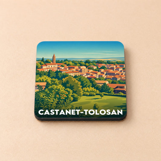 Dessous de verre souvenir de la ville de Castanet-Tolosan avec une illustration stylisée.