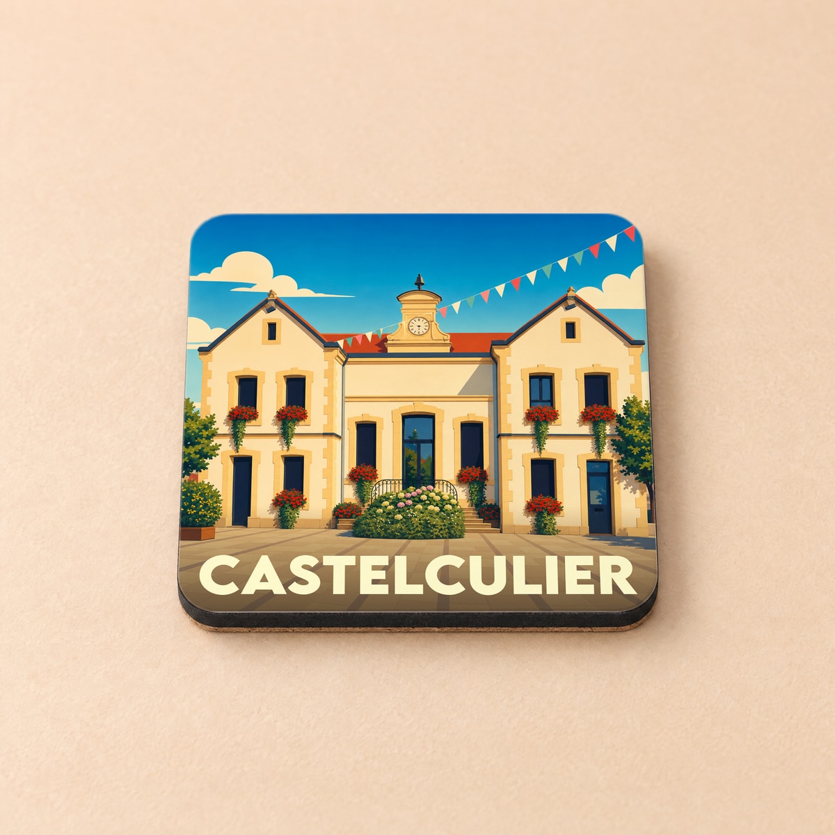 Dessous de verre souvenir de la ville de Castelculier avec une illustration stylisée de sa mairie fleurie et pavoisée.