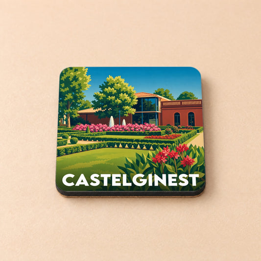 Dessous de verre souvenir de la ville de Castelginest avec une illustration stylisée de son parc et de ses jardins.