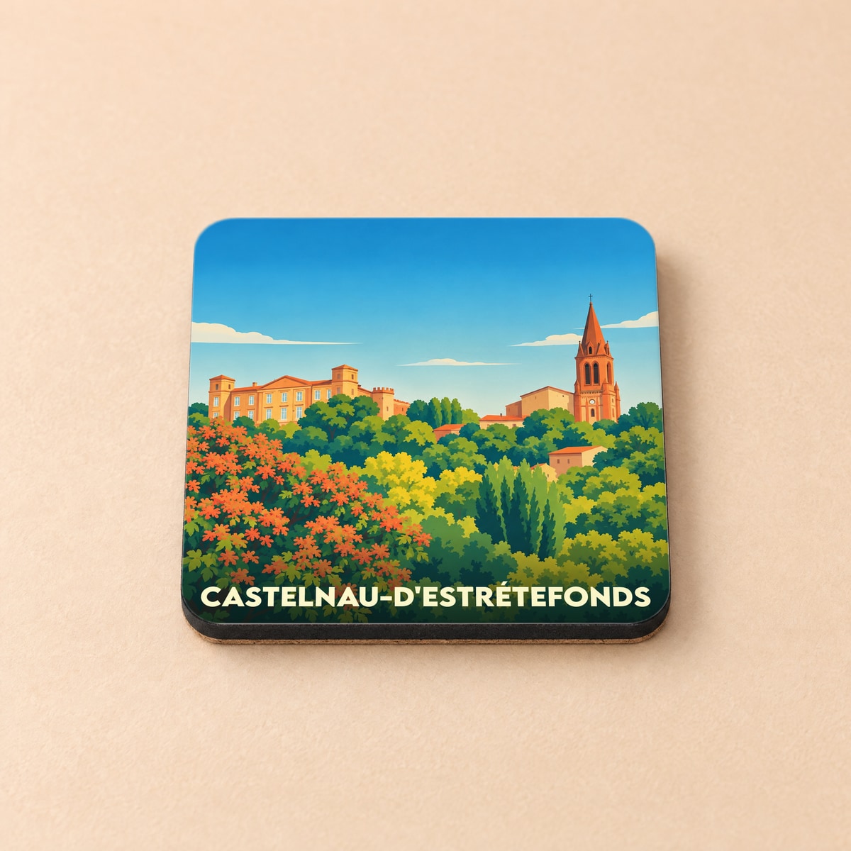 Dessous de verre souvenir de la ville de Castelnau-d'Estrétefonds avec une illustration stylisée et colorée.