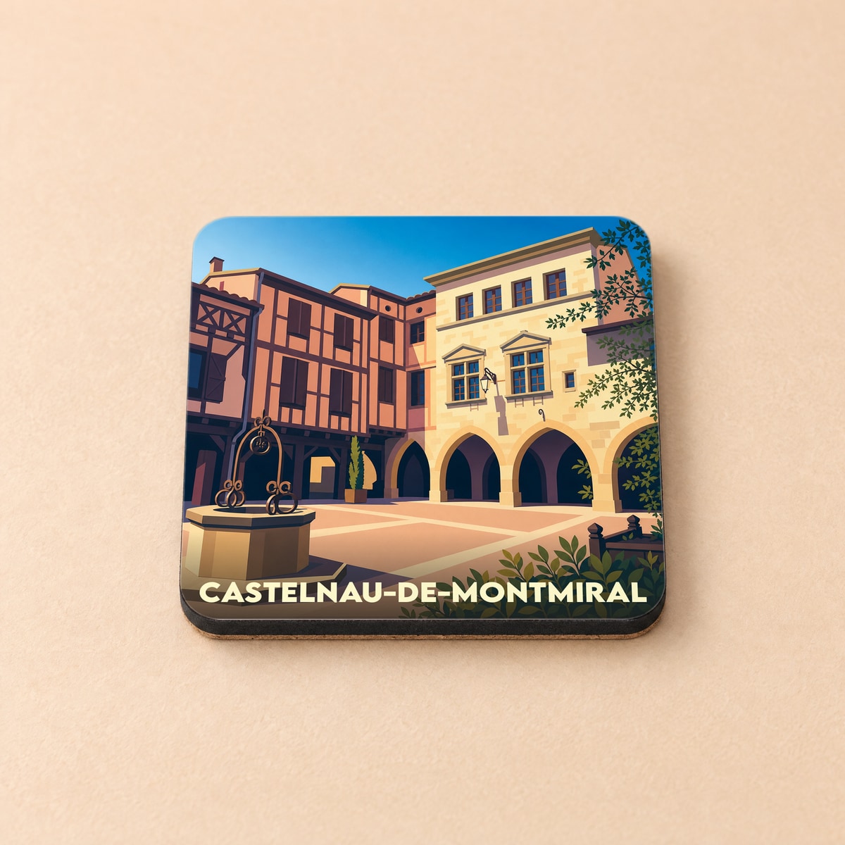 Dessous de verre souvenir de la ville de Castelnau-de-Montmiral avec une illustration stylisée de sa place centrale.