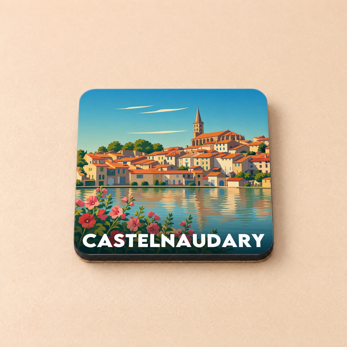 Dessous de verre souvenir de la ville de Castelnaudary avec une illustration stylisée des bords du Grand Bassin.