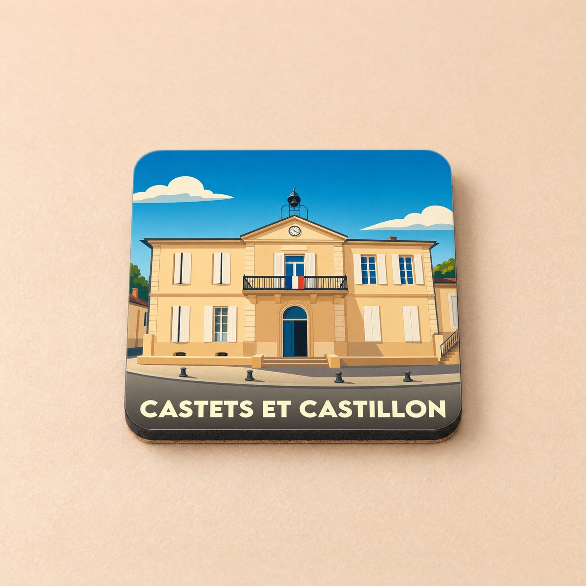 Dessous de verre souvenir de la ville de Castets et Castillon avec une illustration stylisée de la mairie.