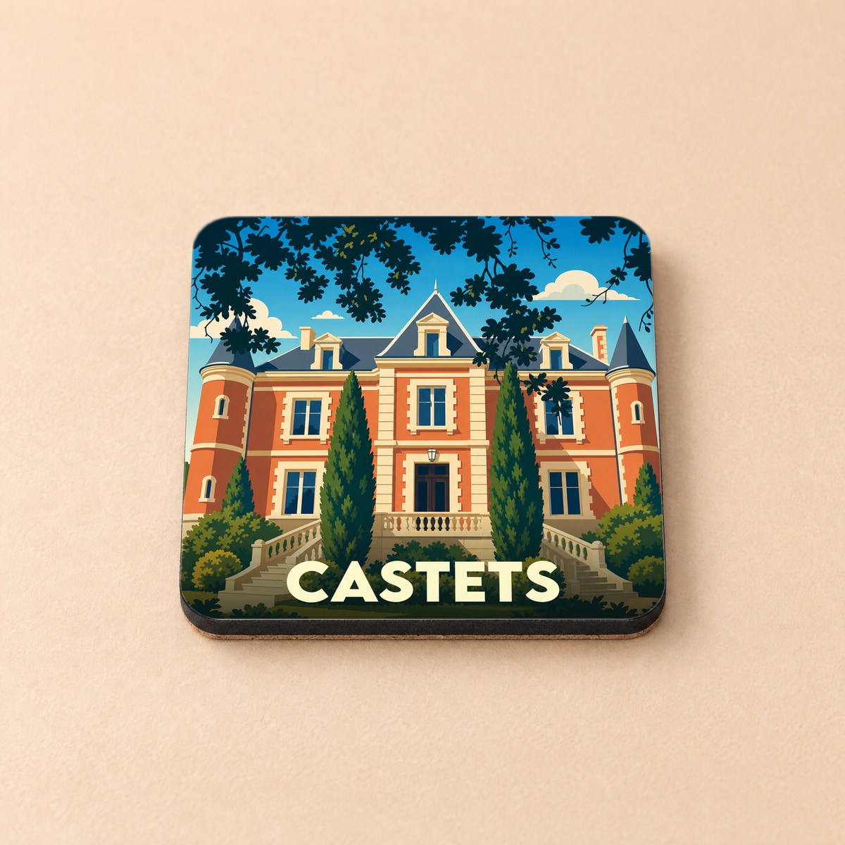 Dessous de verre souvenir de la ville de Castets avec une illustration stylisée d'un château.