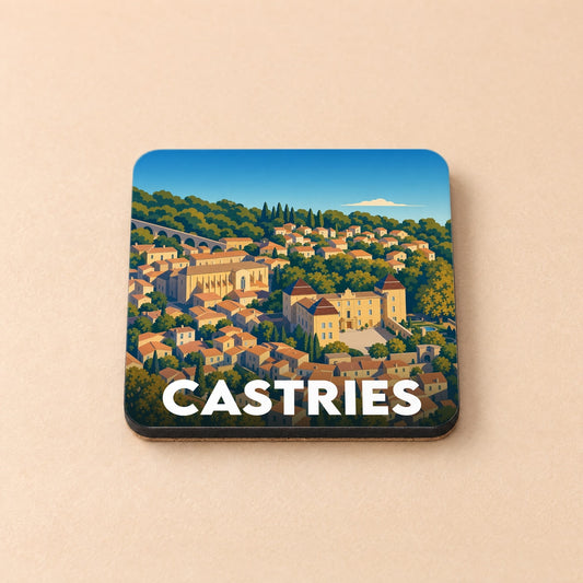 Dessous de verre souvenir de la ville de Castries avec une illustration stylisée de son paysage urbain.