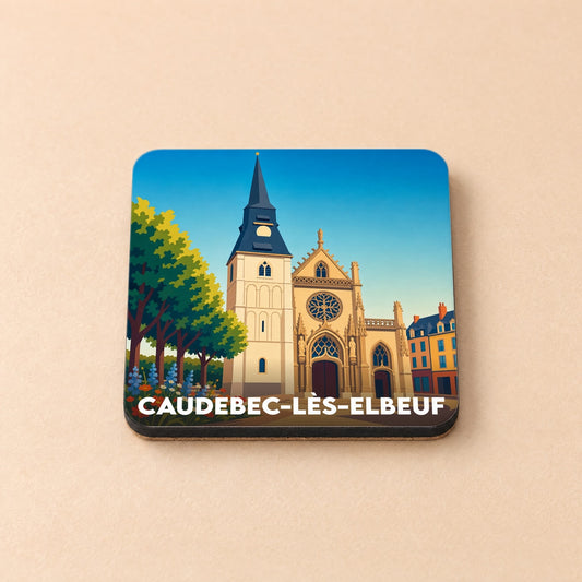 Dessous de verre souvenir de la ville de Caudebec-lès-Elbeuf avec une illustration stylisée de son église.