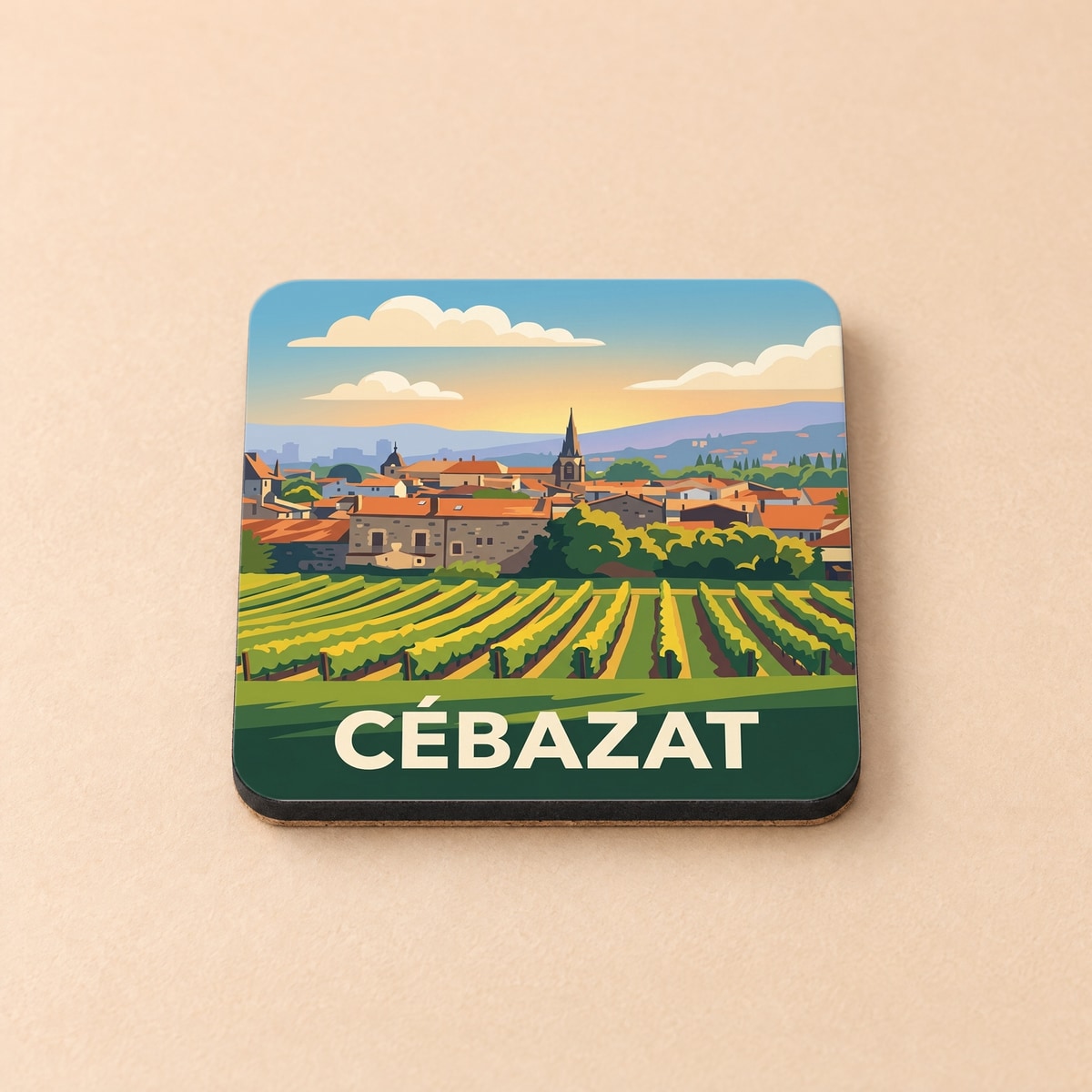 Dessous de verre souvenir de la ville de Cébazat avec une illustration stylisée de son paysage et de ses vignobles.
