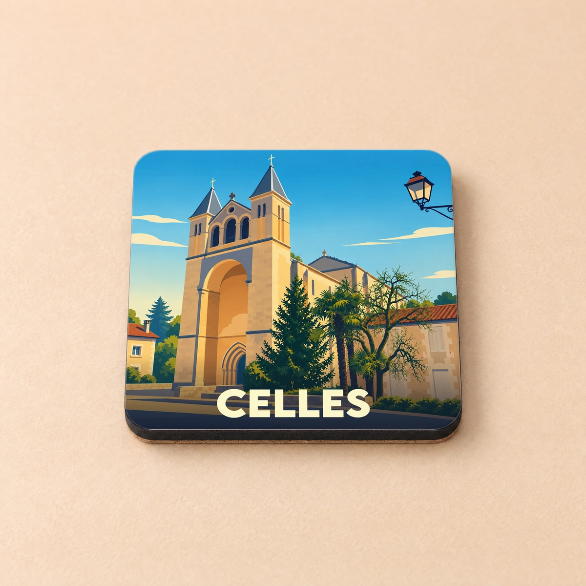 Dessous de verre souvenir de la ville de Celles avec une illustration stylisée de son abbaye.