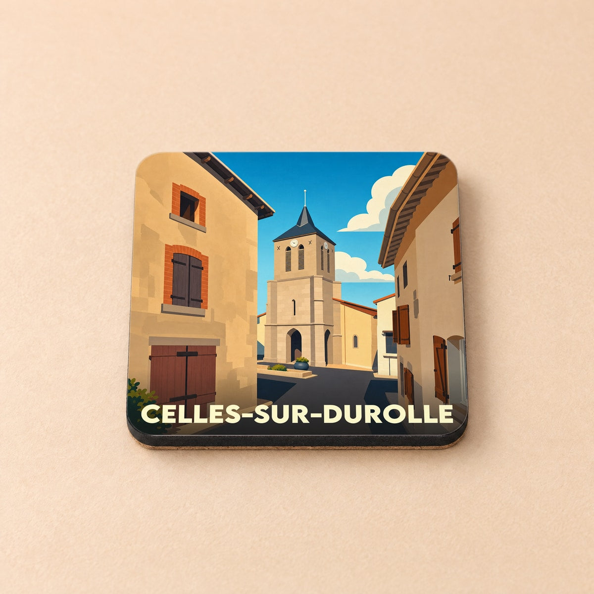 Dessous de verre souvenir de Celles-sur-Durolle avec une illustration stylisée du village.