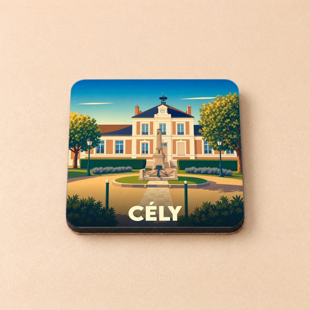 Dessous de verre souvenir de la ville de Cély avec une illustration stylisée de sa mairie.