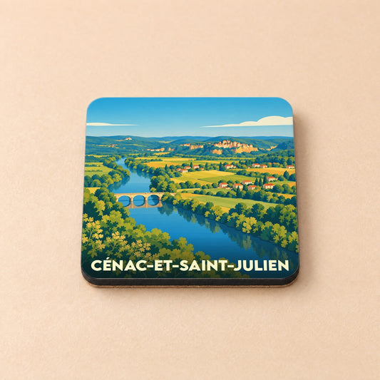 Dessous de verre souvenir de la ville de Cénac-et-Saint-Julien avec une illustration stylisée des bords de la Dordogne.