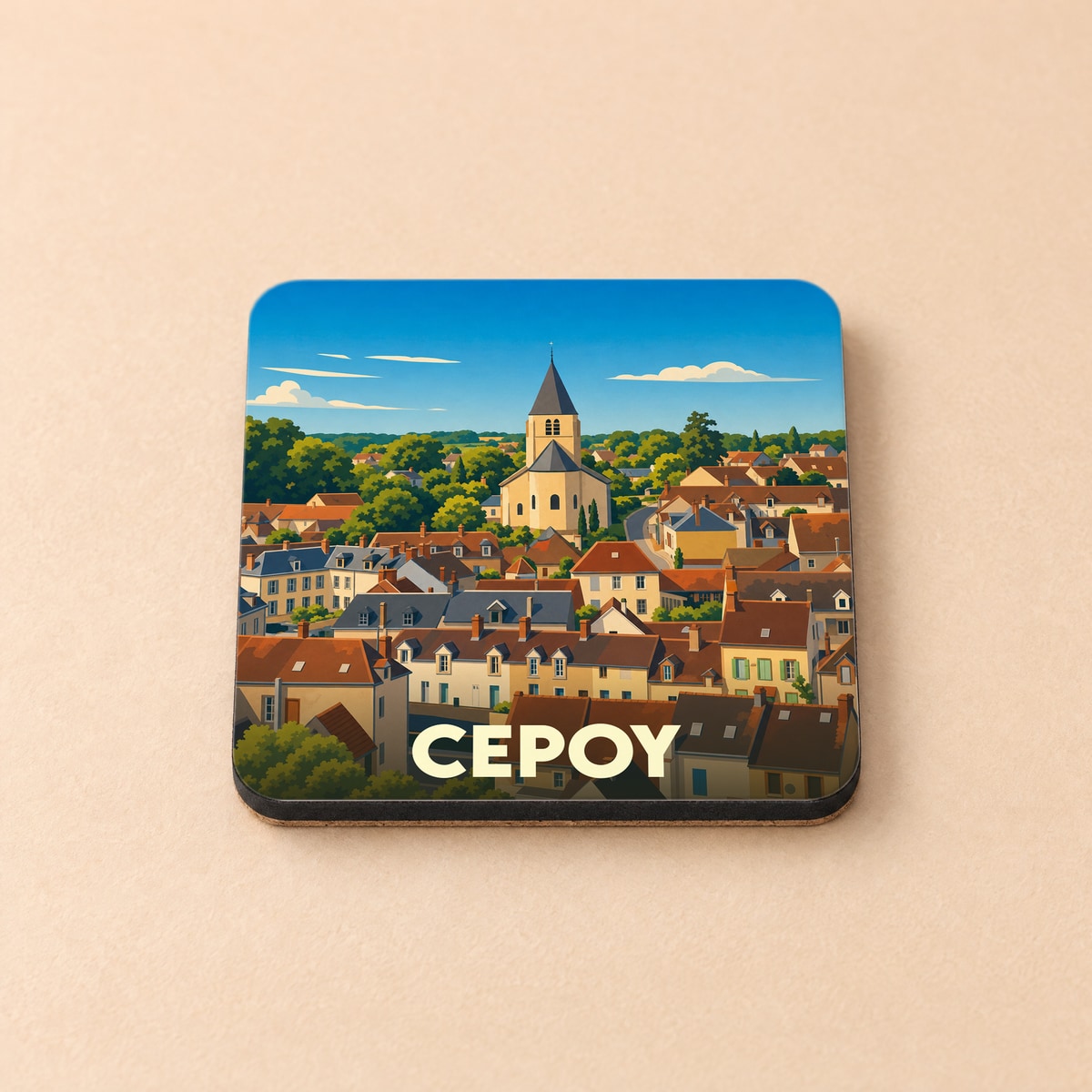 Dessous de verre souvenir de la ville de Cepoy orné d'une illustration stylisée du village et de son église.