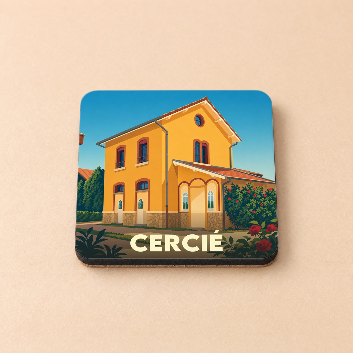 Dessous de verre souvenir de la ville de Cercié avec une illustration stylisée de son ancienne gare.