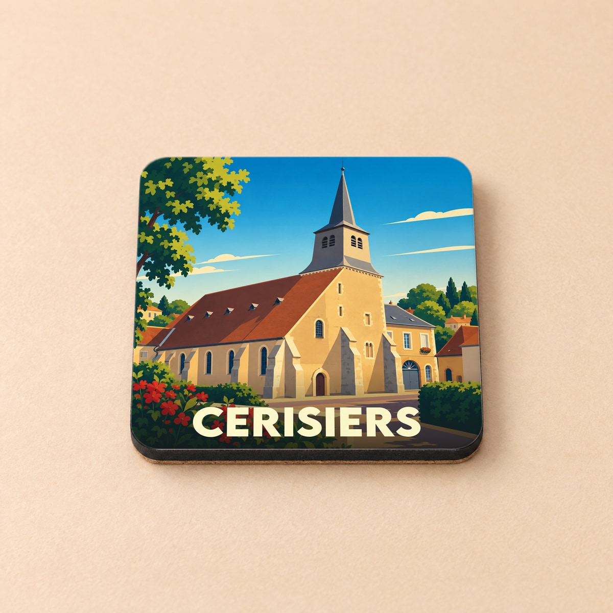 Dessous de verre souvenir de la ville de Cerisiers avec une illustration stylisée d'une église sous un ciel bleu.