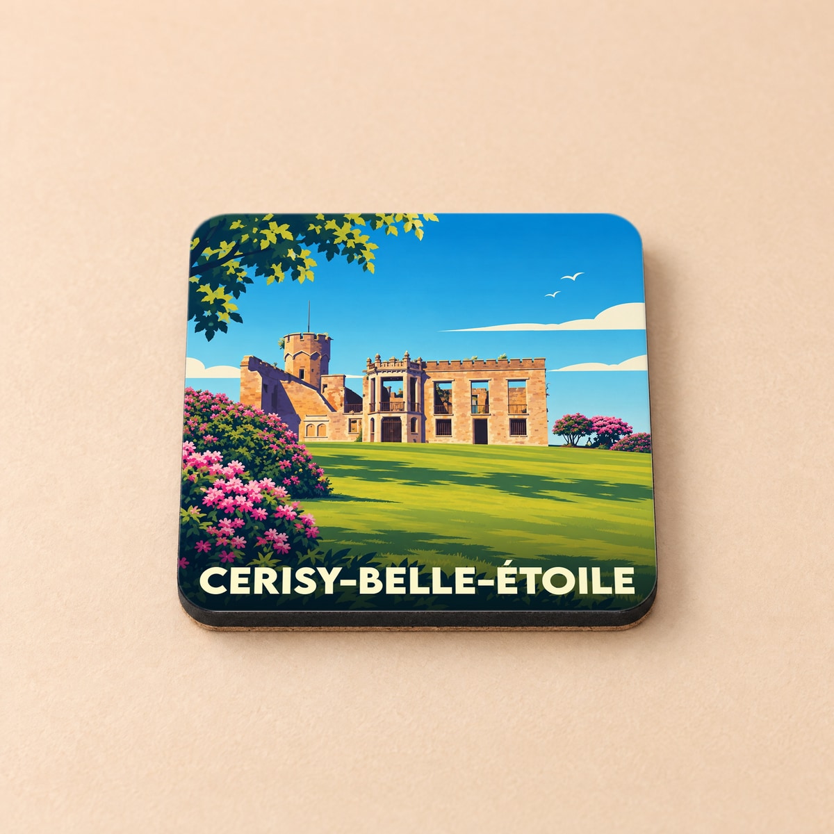 Dessous de verre souvenir de la ville de Cerisy-Belle-Étoile avec une illustration stylisée de son abbaye.