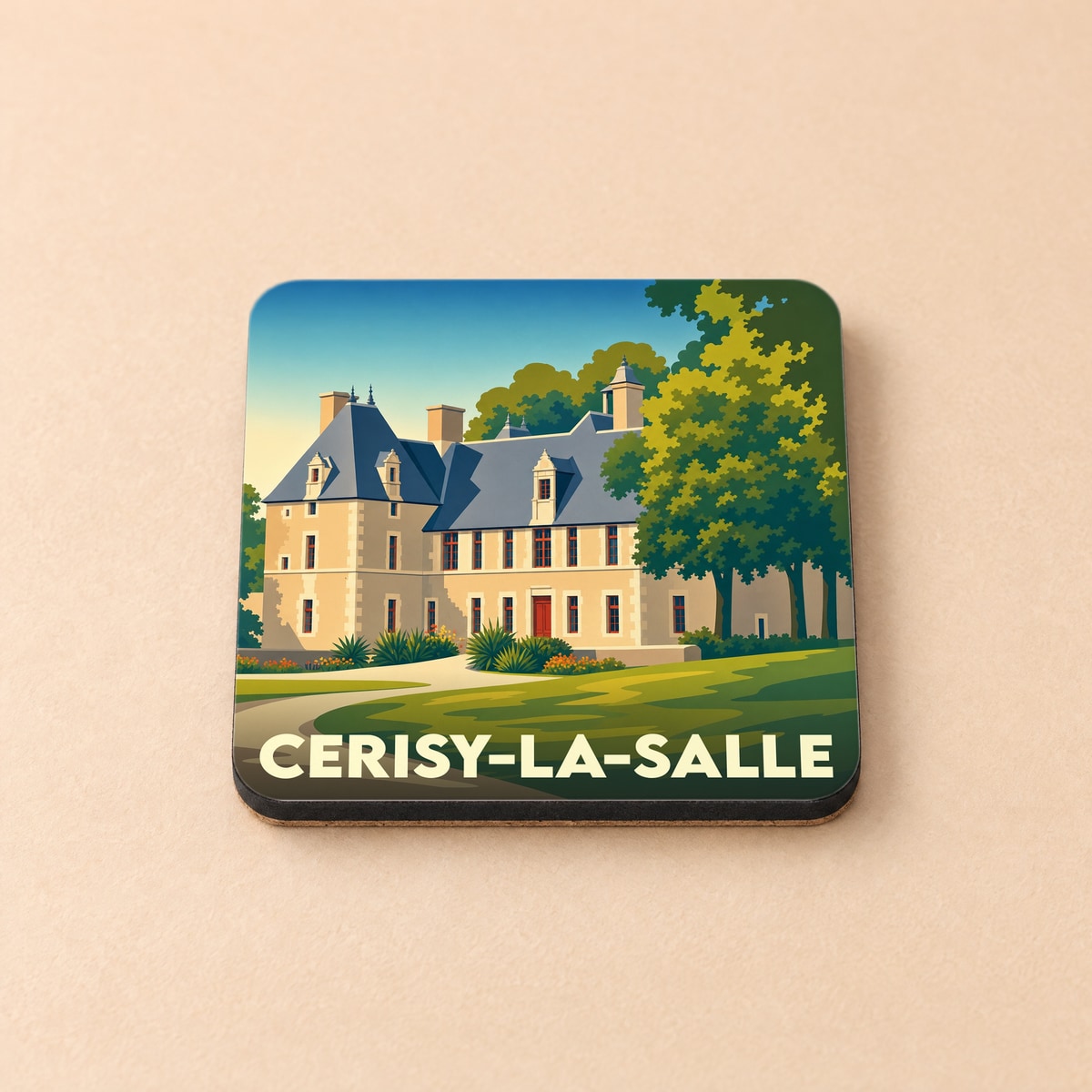 Dessous de verre souvenir de la ville de Cerisy-la-Salle illustré d'un château stylisé.