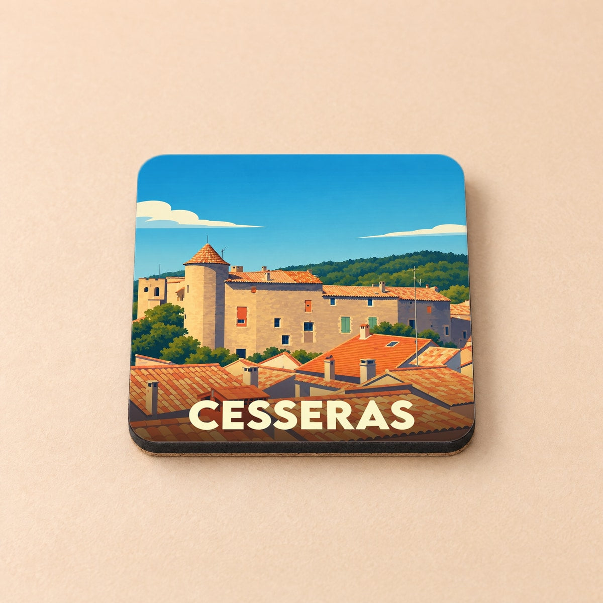 Dessous de verre souvenir de la ville de Cesseras avec une illustration stylisée.