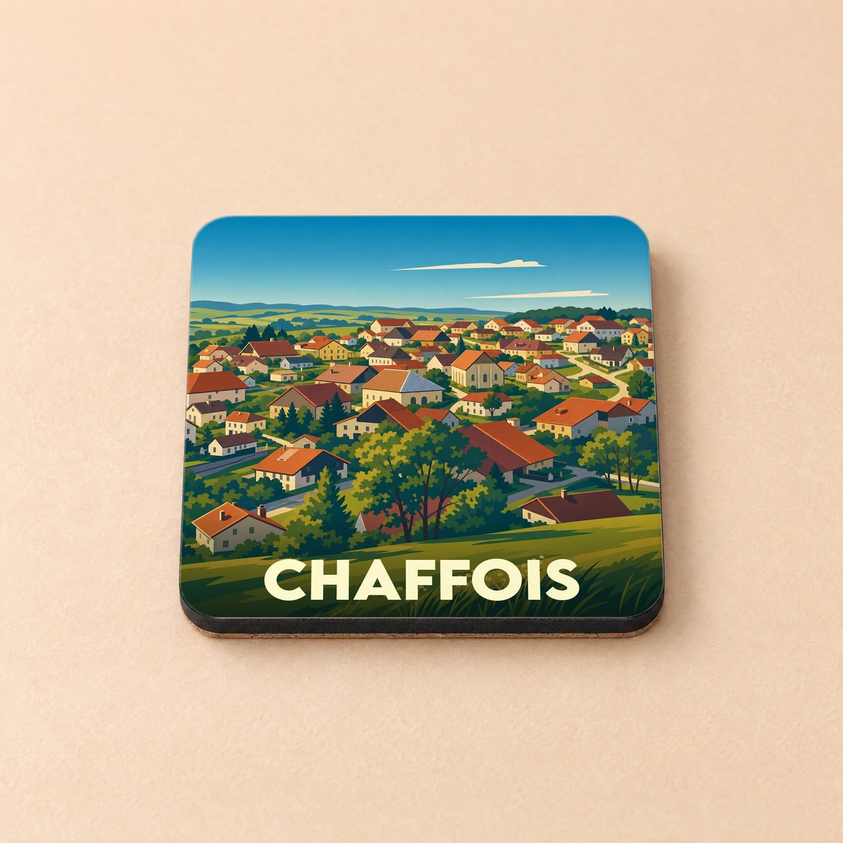 Dessous de verre souvenir de la ville de Chaffois avec une illustration stylisée d'un village.