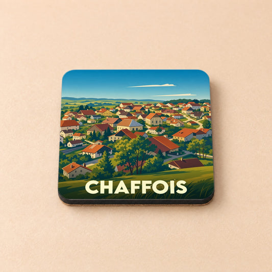 Dessous de verre souvenir de la ville de Chaffois avec une illustration stylisée d'un village.