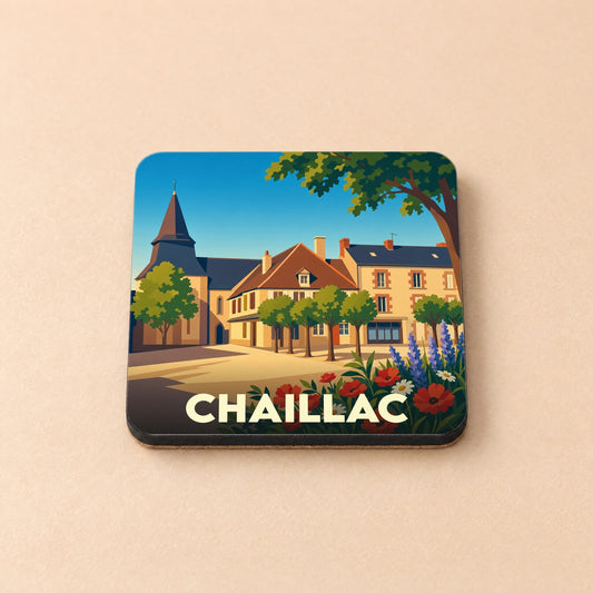 Dessous de verre souvenir de la ville de Chaillac avec une illustration stylisée.