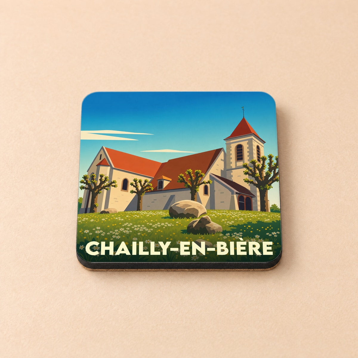Dessous de verre souvenir de la ville de Chailly-en-Bière avec une illustration stylisée de son église.