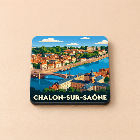 Dessous de verre souvenir de la ville de Chalon-sur-Saône avec une illustration stylisée des bords de Saône.