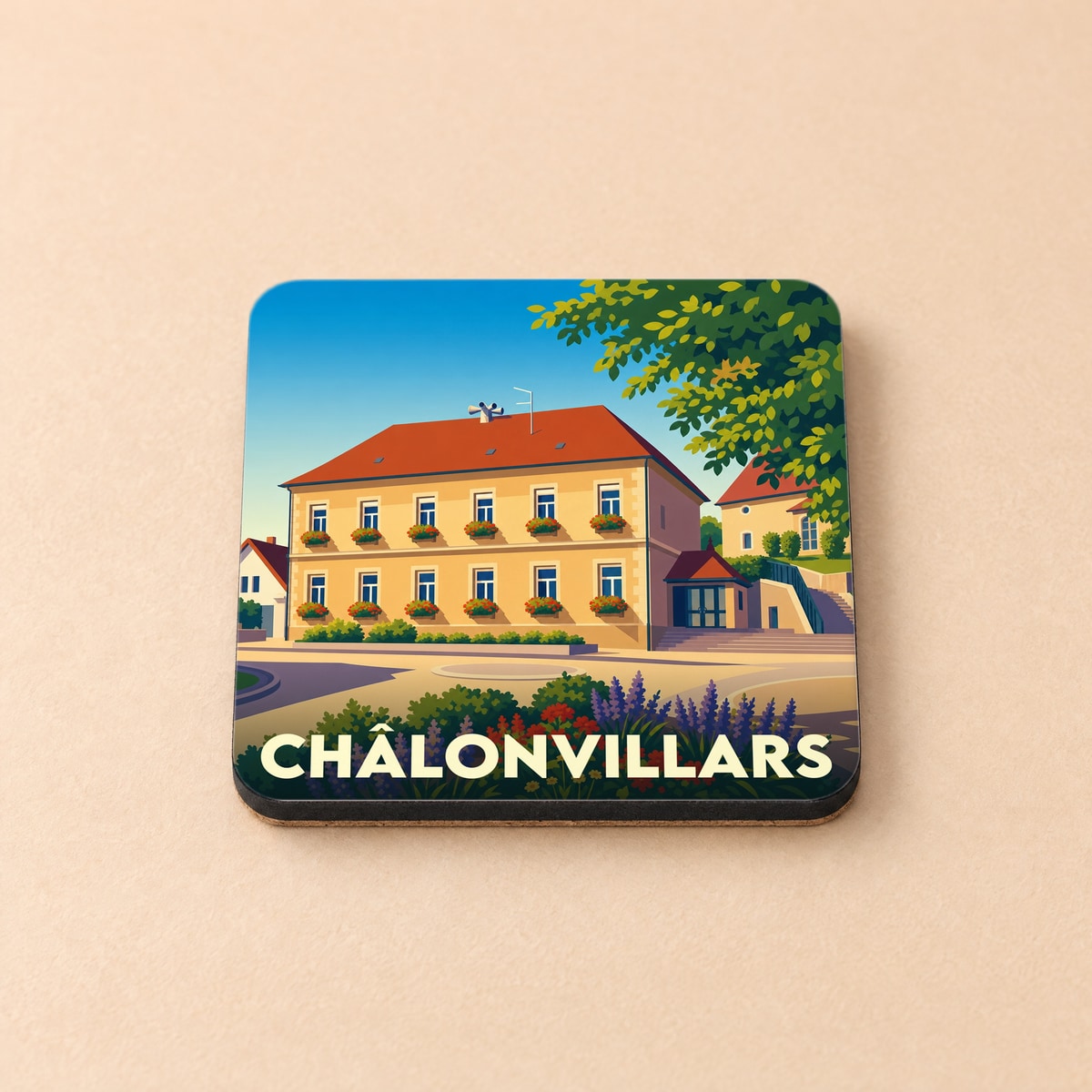 Dessous de verre souvenir de la ville de Châlonvillars avec une illustration stylisée.