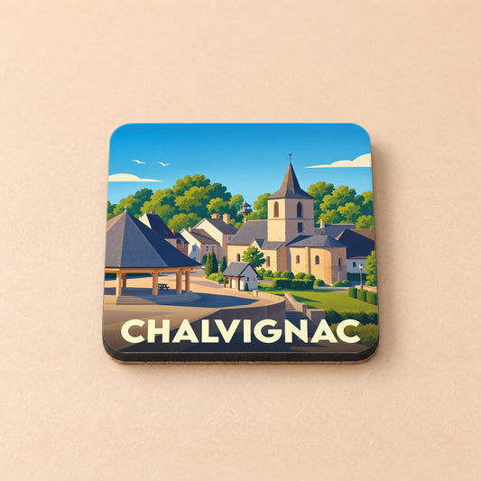 Dessous de verre souvenir de la ville de Chalvignac avec une illustration stylisée.