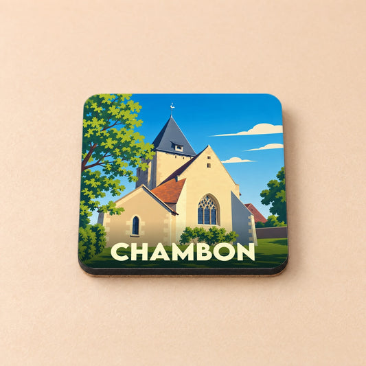 Dessous de verre souvenir de la ville de Chambon avec une illustration stylisée de son église.