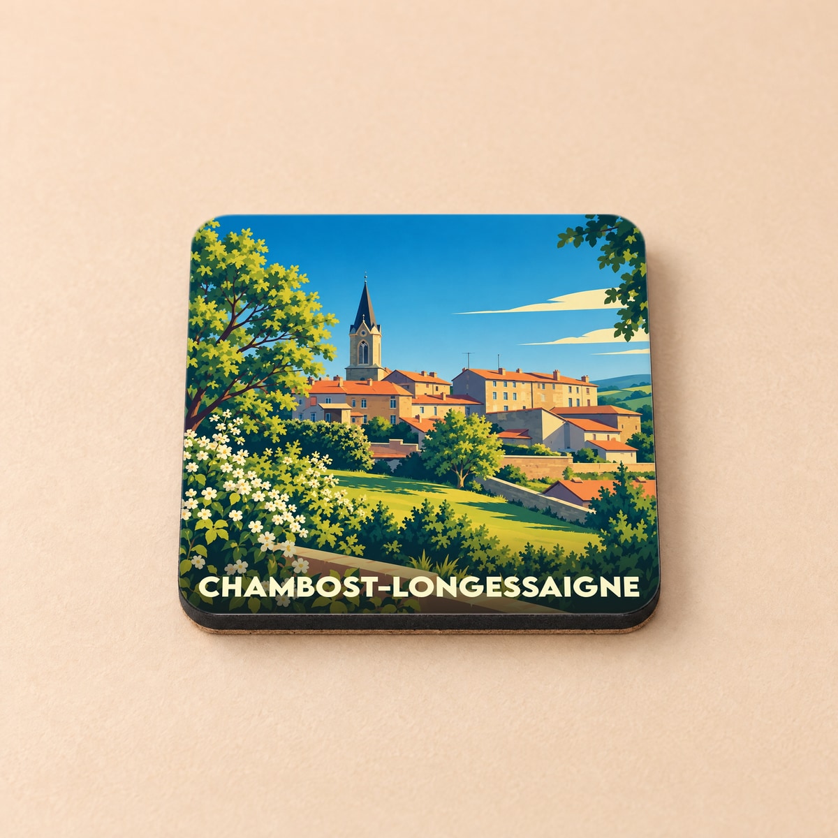 Dessous de verre souvenir de la ville de Chambost-Longessaigne avec une illustration stylisée d'un village français.