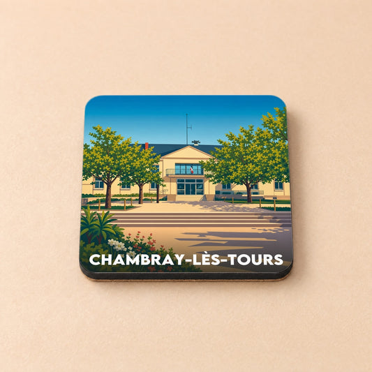 Dessous de verre souvenir de la ville de Chambray-lès-Tours avec une illustration stylisée de l'hôtel de ville.