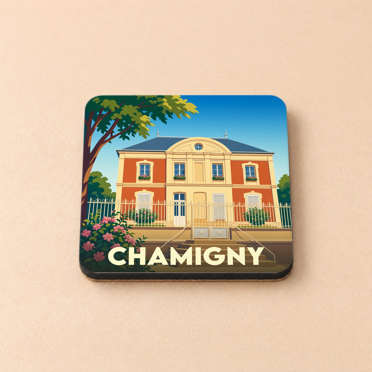 Dessous de verre souvenir de la ville de Chamigny illustré d'une demeure bourgeoise de style classique.