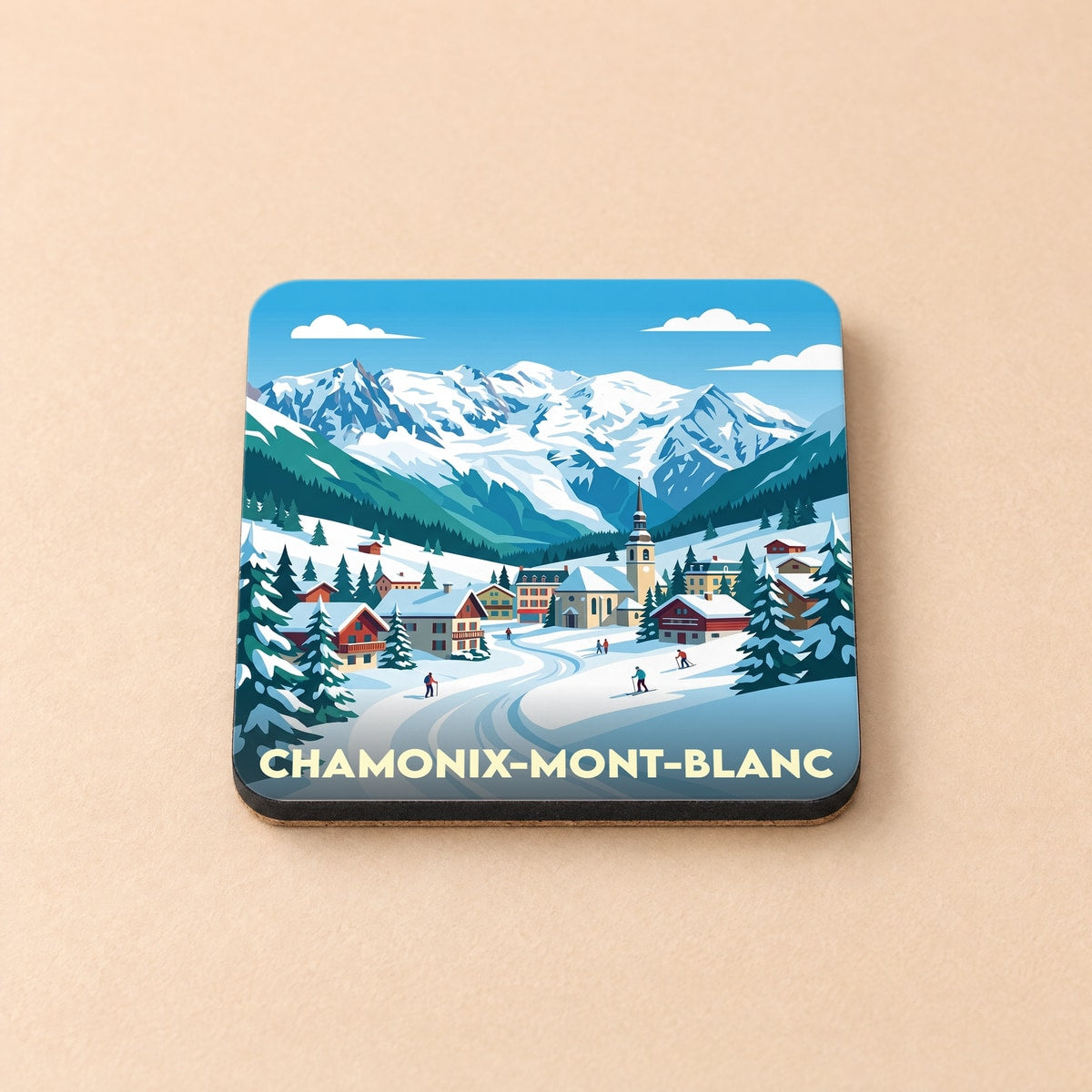Dessous de verre souvenir de la ville de Chamonix-Mont-Blanc avec une illustration stylisée de station de ski.