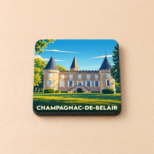 Dessous de verre souvenir de la ville de Champagnac-de-Belair avec une illustration stylisée de son château.