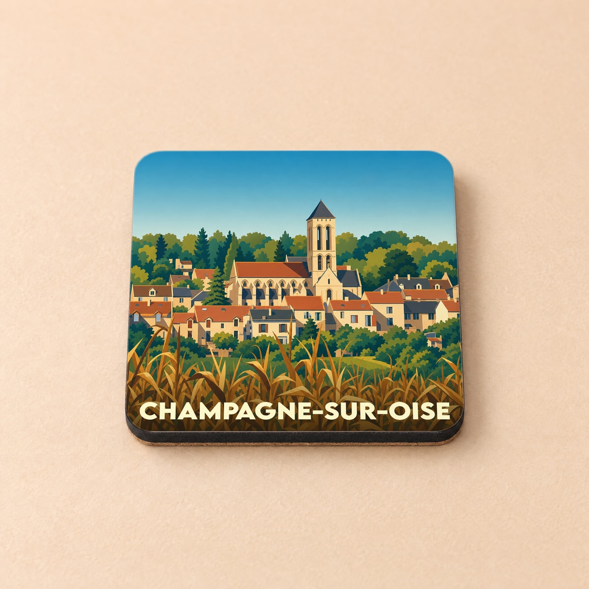 Dessous de verre souvenir de la ville de Champagne-sur-Oise avec une illustration stylisée.
