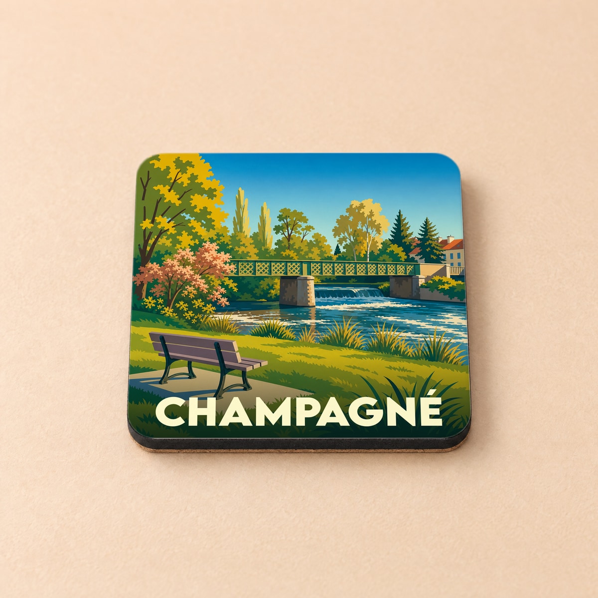 Dessous de verre souvenir de la ville de Champagné avec une illustration stylisée d'un parc en bord de rivière.