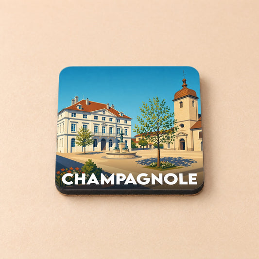 Dessous de verre souvenir de la ville de Champagnole avec une illustration stylisée de sa place centrale.