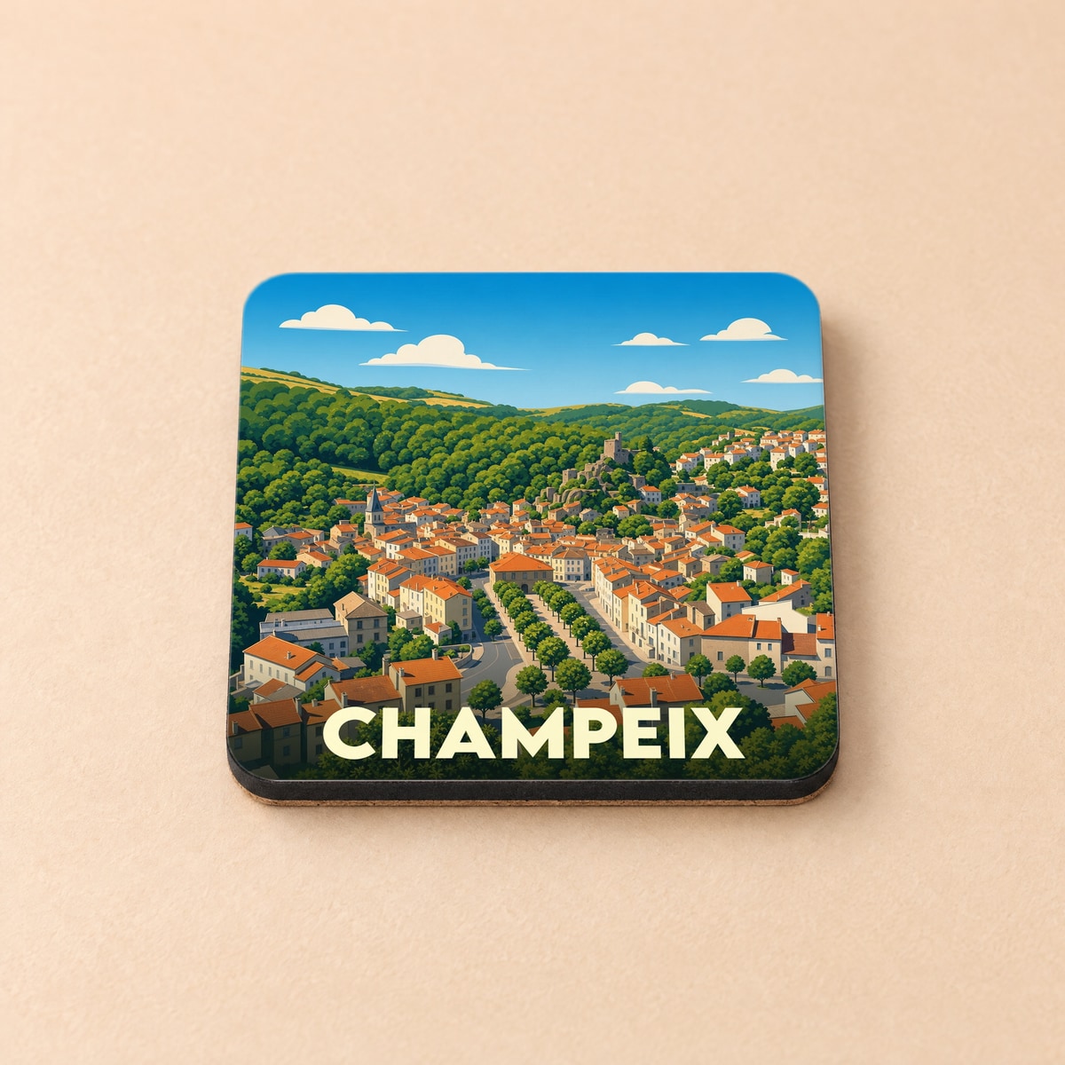 Dessous de verre souvenir de la ville de Champeix avec une illustration stylisée et colorée.