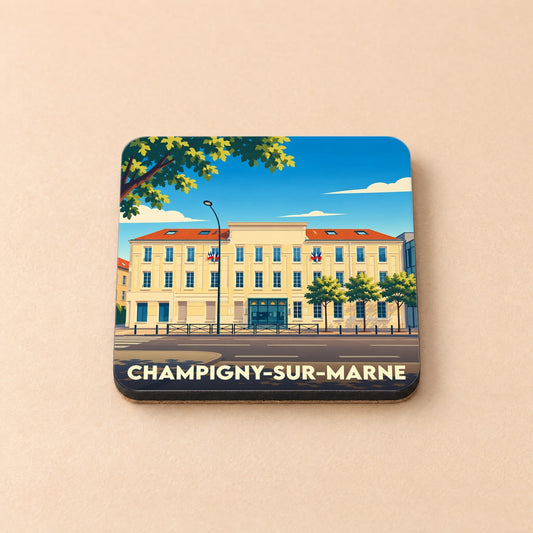 Dessous de verre souvenir de la ville de Champigny-sur-Marne avec une illustration stylisée de son hôtel de ville.
