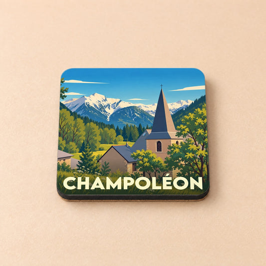 Dessous de verre souvenir de la ville de Champoléon avec une illustration stylisée de montagne et d'église.